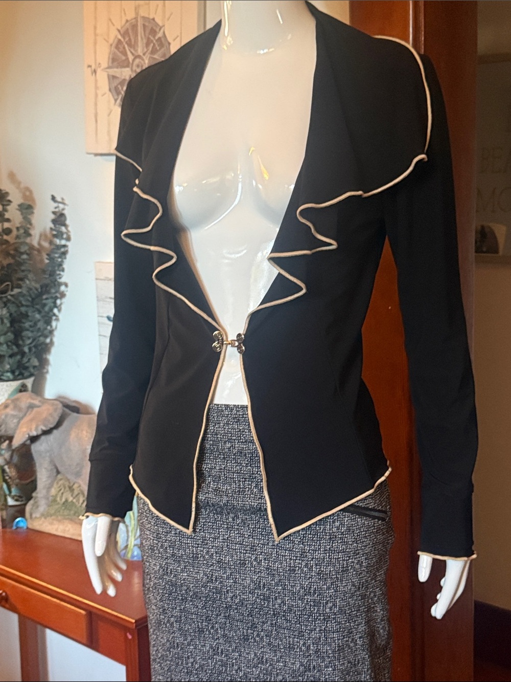 Joseph Ribkoff size 8, Black Ruffle-Trim Open Front Jacket with Gold Piping